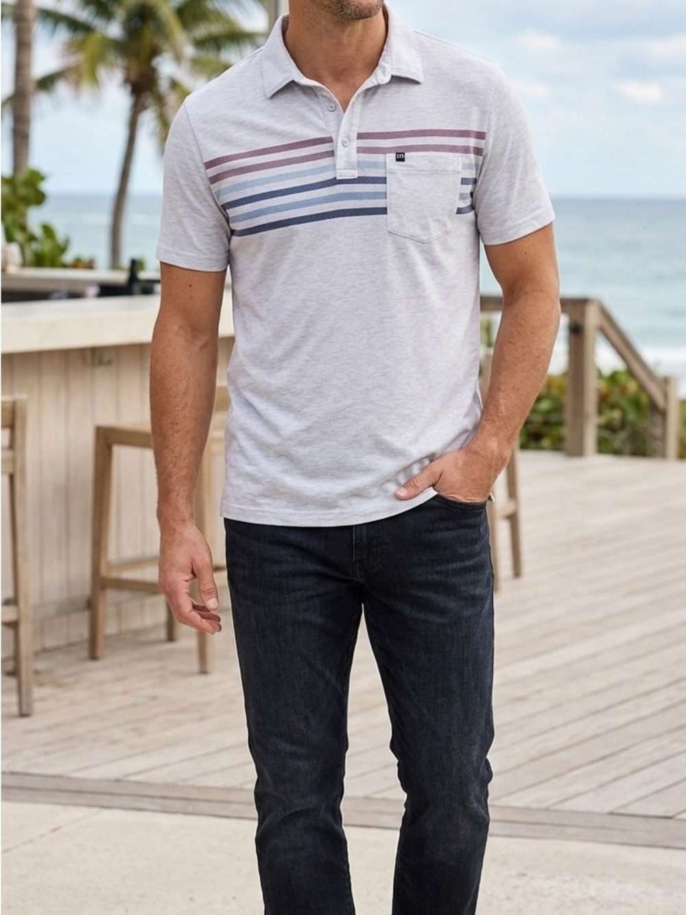 TravisMathew Men's Medium Gray Heather Stripe Pocket Polo Shirt Cotton Blend